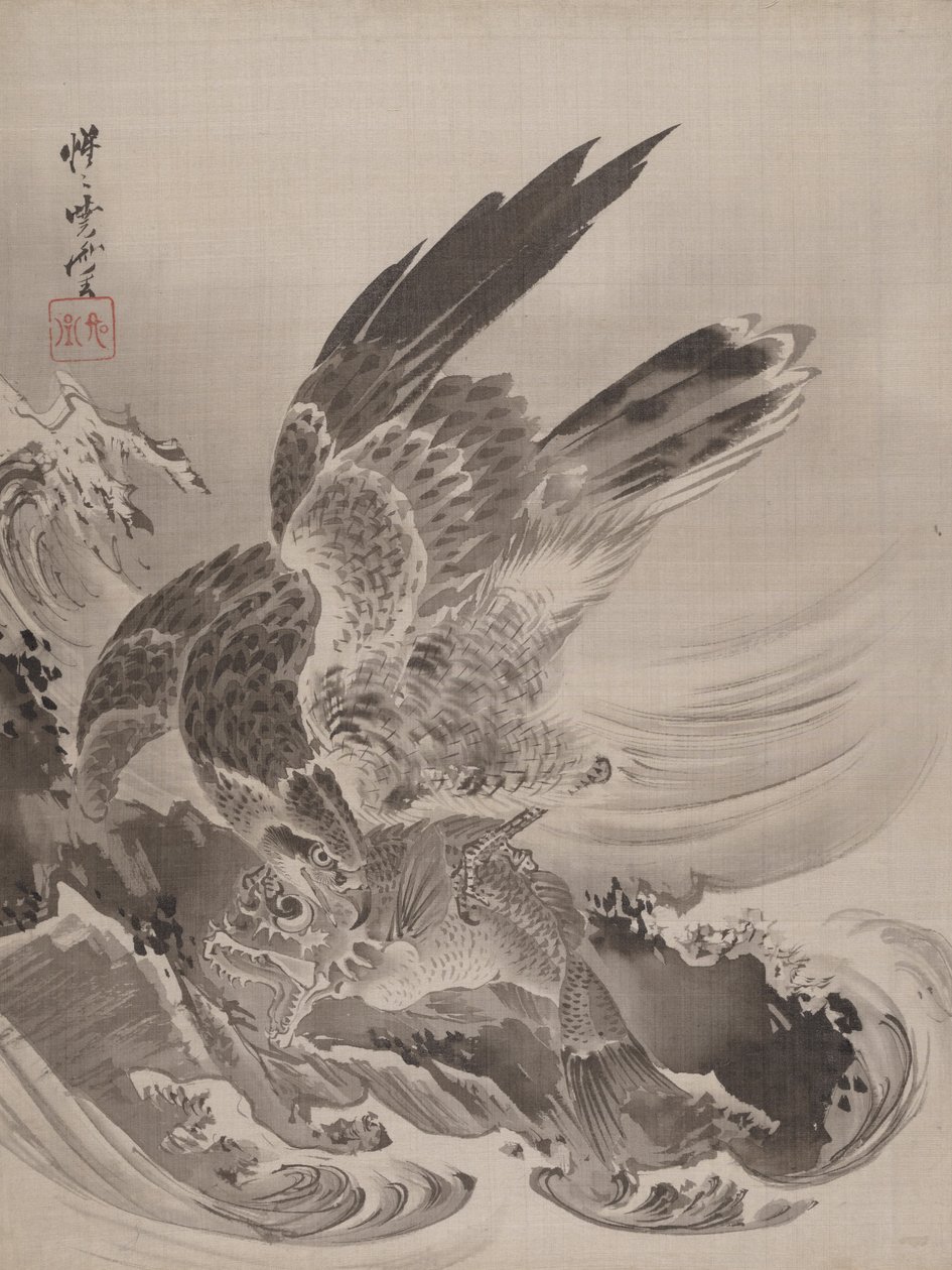 Orzeł atakujący ryby, ca. 1887. autorstwa Kawanabe Kyosai