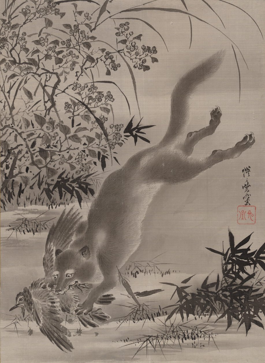 Łowiący lisa ptaka, ca. 1887. autorstwa Kawanabe Kyosai