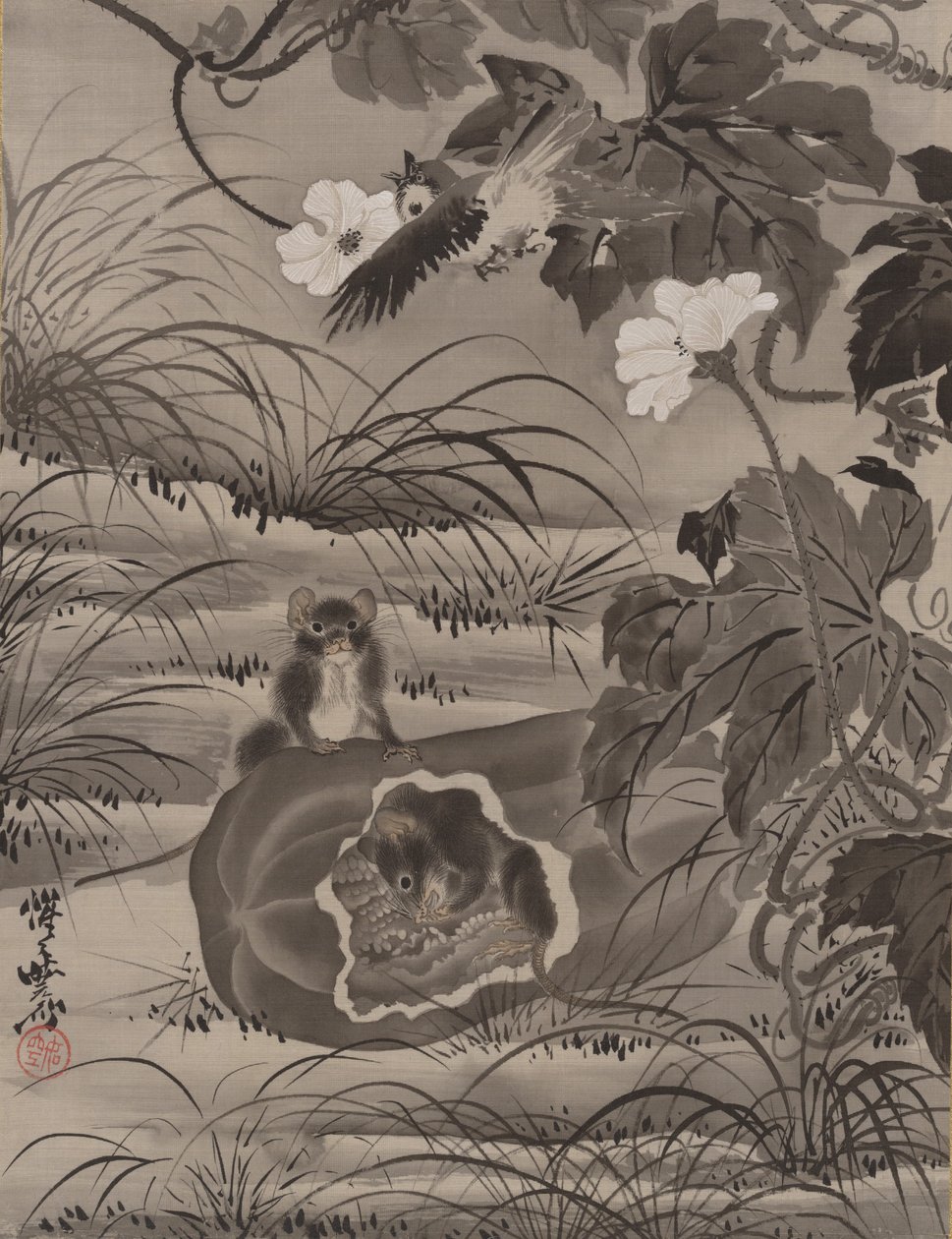Myszy w Melonie, ca. 1887. autorstwa Kawanabe Kyosai