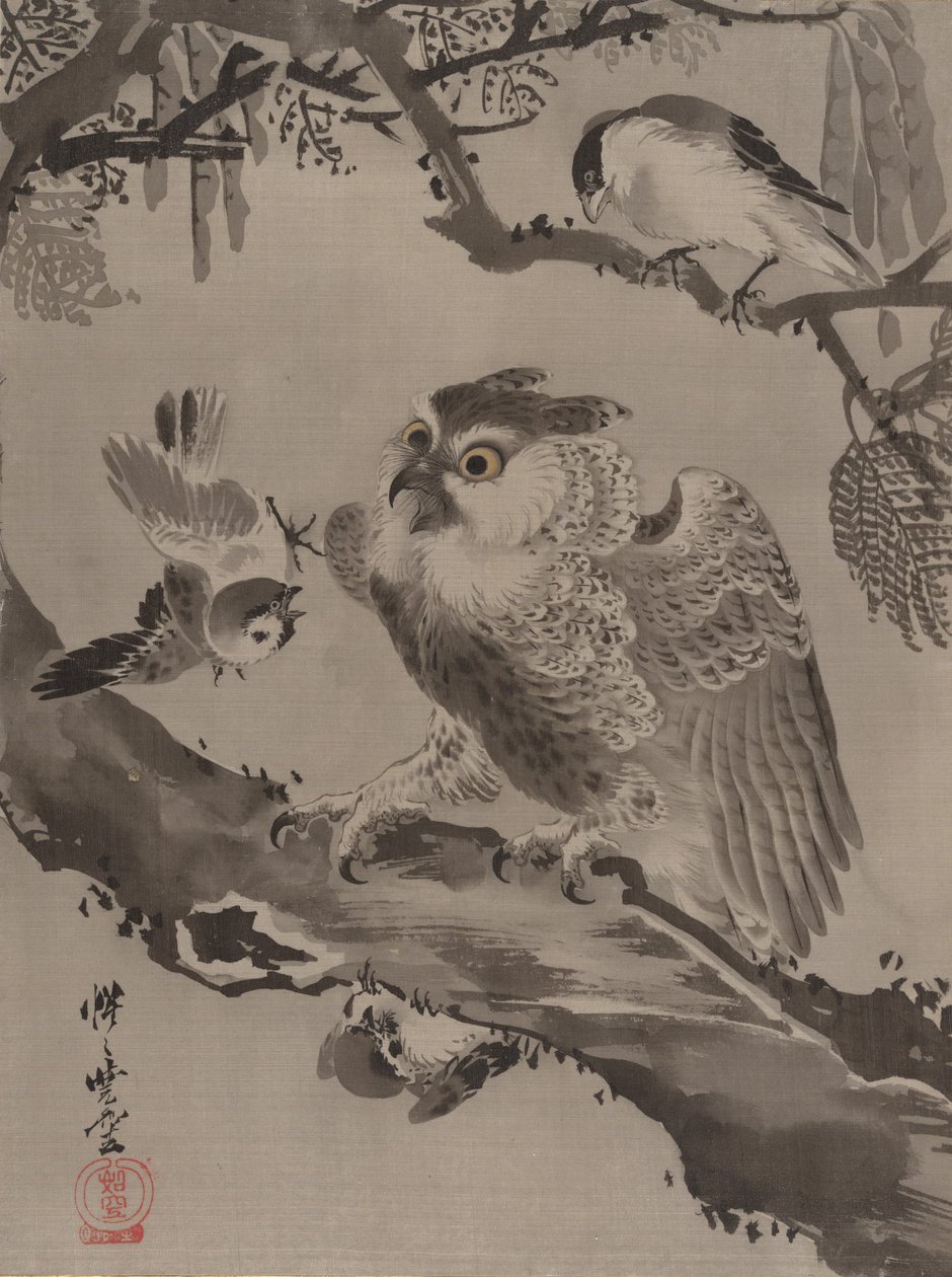 Sowa wyszydzana przez małe ptaki, ca. 1887. autorstwa Kawanabe Kyosai