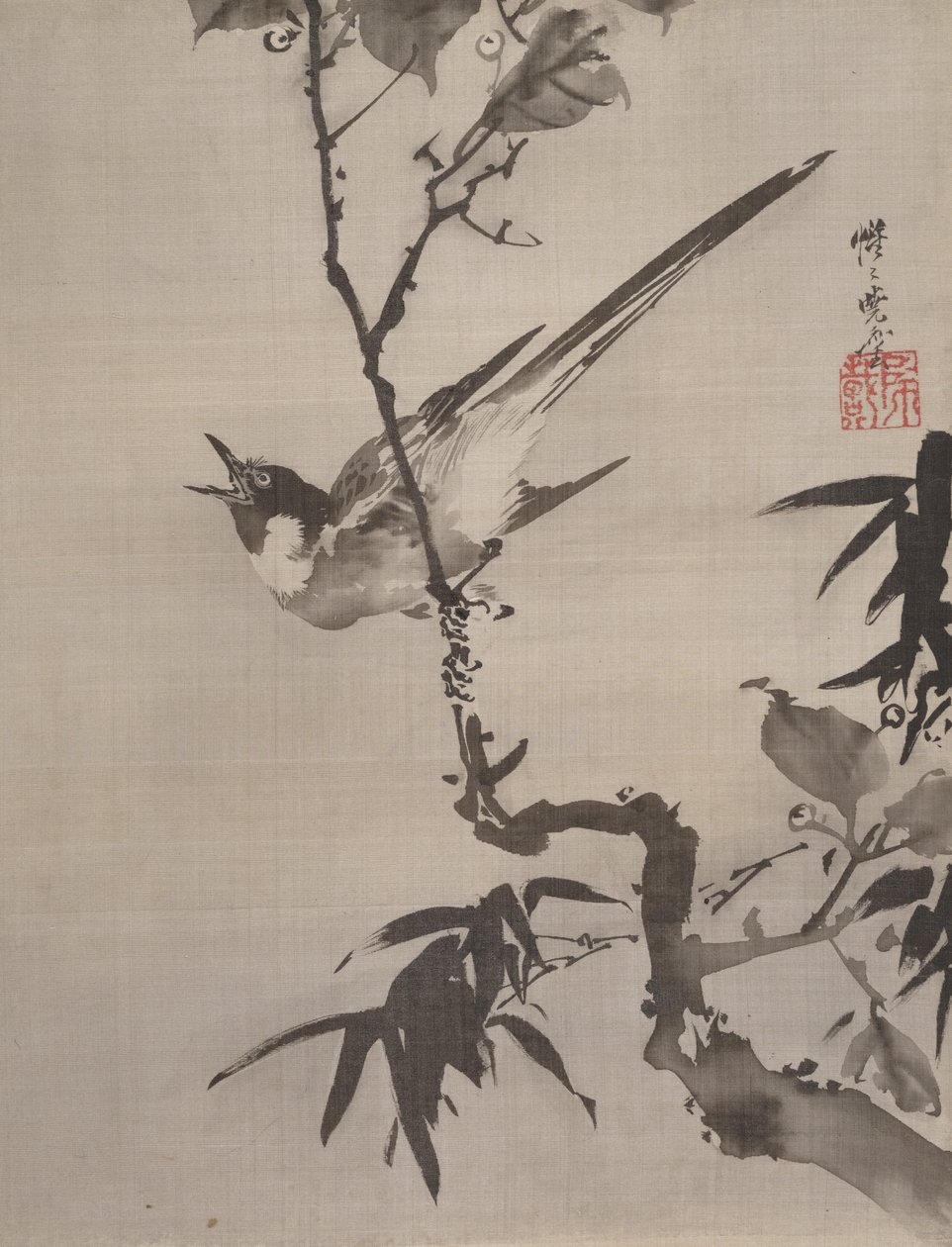 Śpiewający ptak na gałęzi, ca. 1887. autorstwa Kawanabe Kyosai