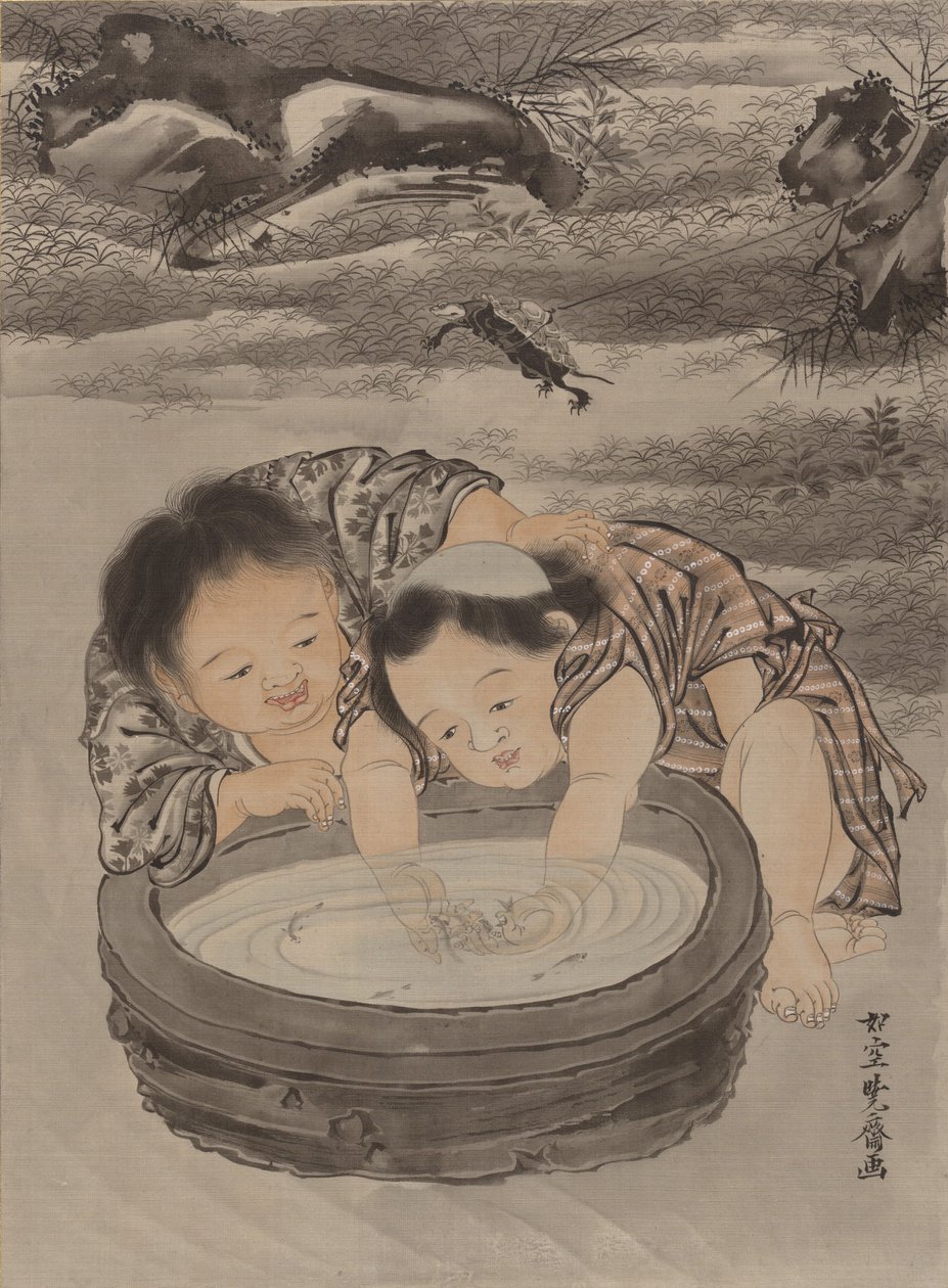 Dwoje dzieci bawiących się ze złotą rybką, ca. 1887. autorstwa Kawanabe Kyosai