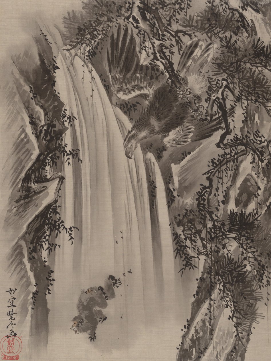 Wodospad, Orzeł i Małpa, ca. 1887. autorstwa Kawanabe Kyosai
