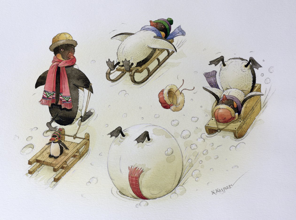 Pingwiny na sankach, 1999 (wc na papierze) autorstwa Kestutis Kasparavicius