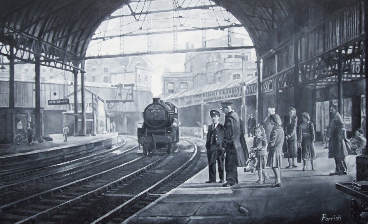 Czekając na pociąg, 2008 (oleje) autorstwa Kevin Guild of Railway Artist Parrish