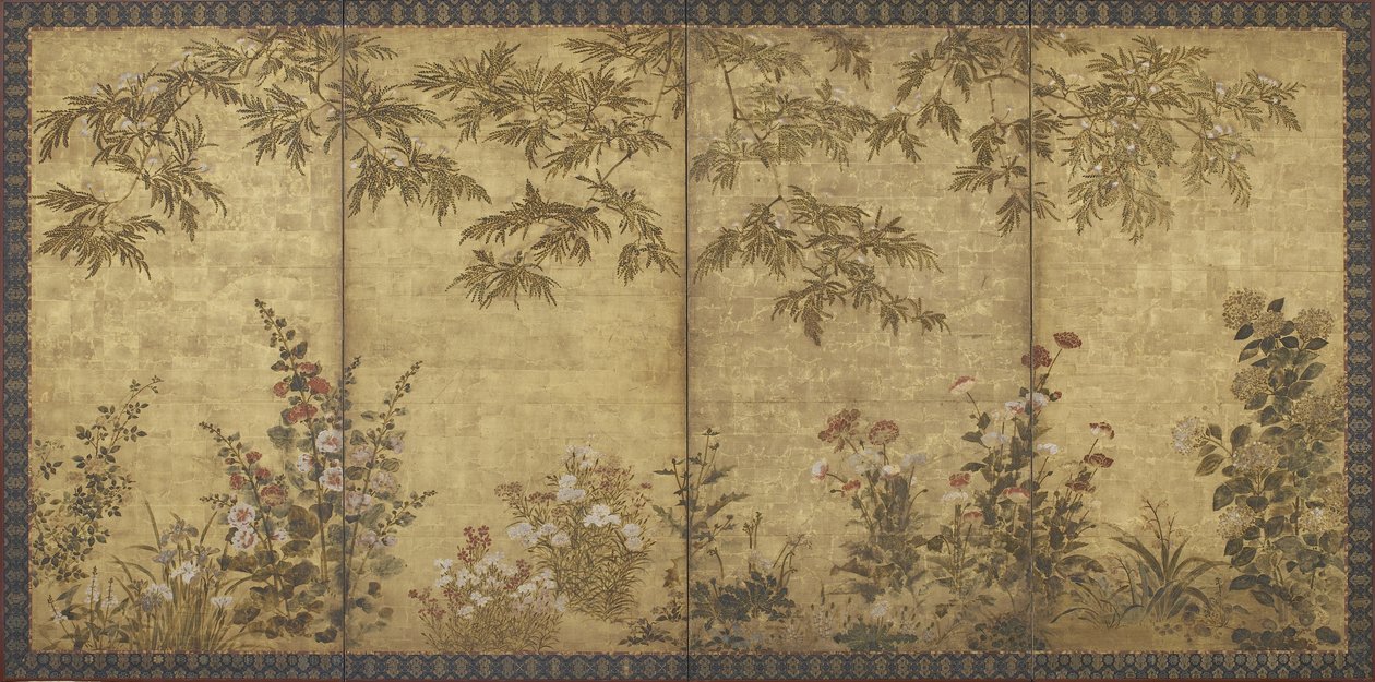 Mimoza, maki, malwy i inne kwiaty, okres Edo, 1630-70 (tusz, kolor i złoto na papierze) autorstwa Kitagawa Sosetsu
