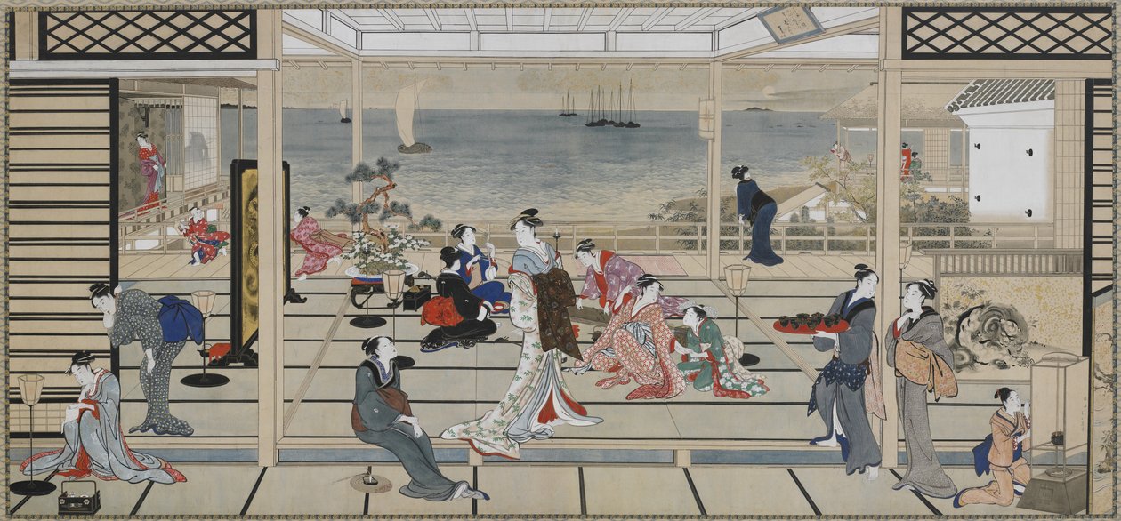 Moonlight Fevelry w Dozo Sagami, okres Edo, koniec XVIII-początek XIX wieku (tusz i kolor na papierze) autorstwa Kitagawa Utamaro