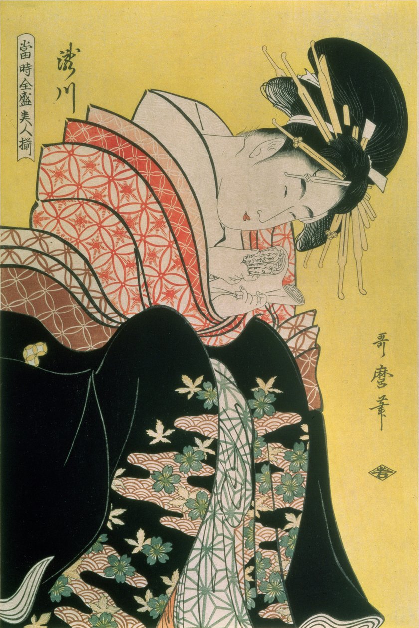 Takigawa z Tea-House, Ogi (kolorowy drzeworyt) autorstwa Kitagawa Utamaro