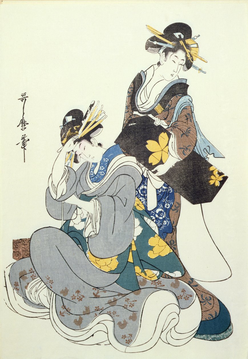 Dwie postacie kobiece (kolorowy drzeworyt, 12 blok) autorstwa Kitagawa Utamaro