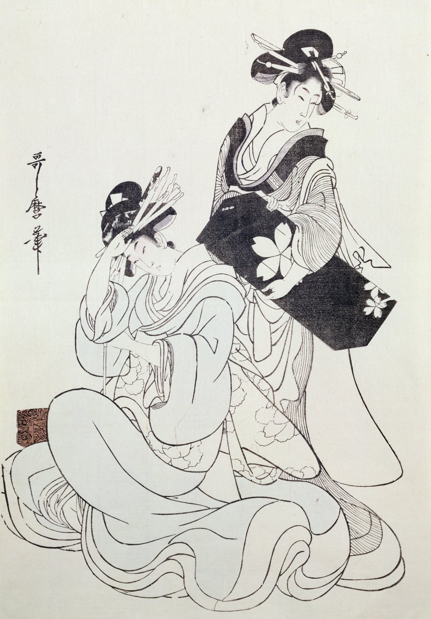 Dwie postacie kobiece (kolorowy drzeworyt, czwarty blok) autorstwa Kitagawa Utamaro
