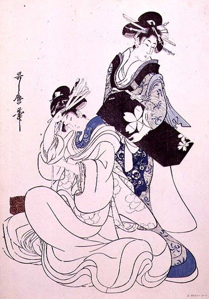 Dwie postacie kobiece (kolorowy drzeworyt, siódmy blok) autorstwa Kitagawa Utamaro