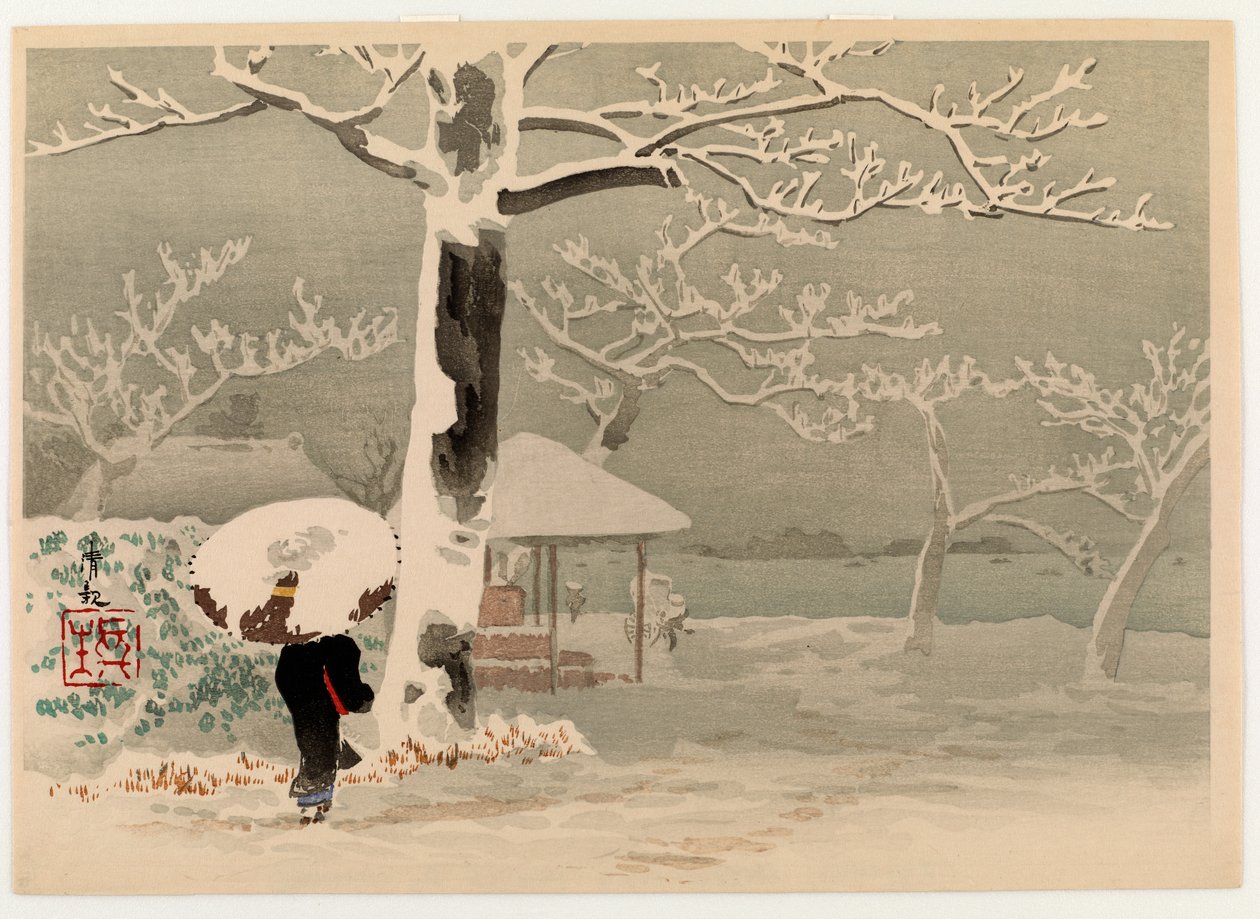 Śnieg nad rzeką Sumida, ok. 1930 (kolorowa odbitka drzeworytnicza) autorstwa Kobayashi Kiyochika