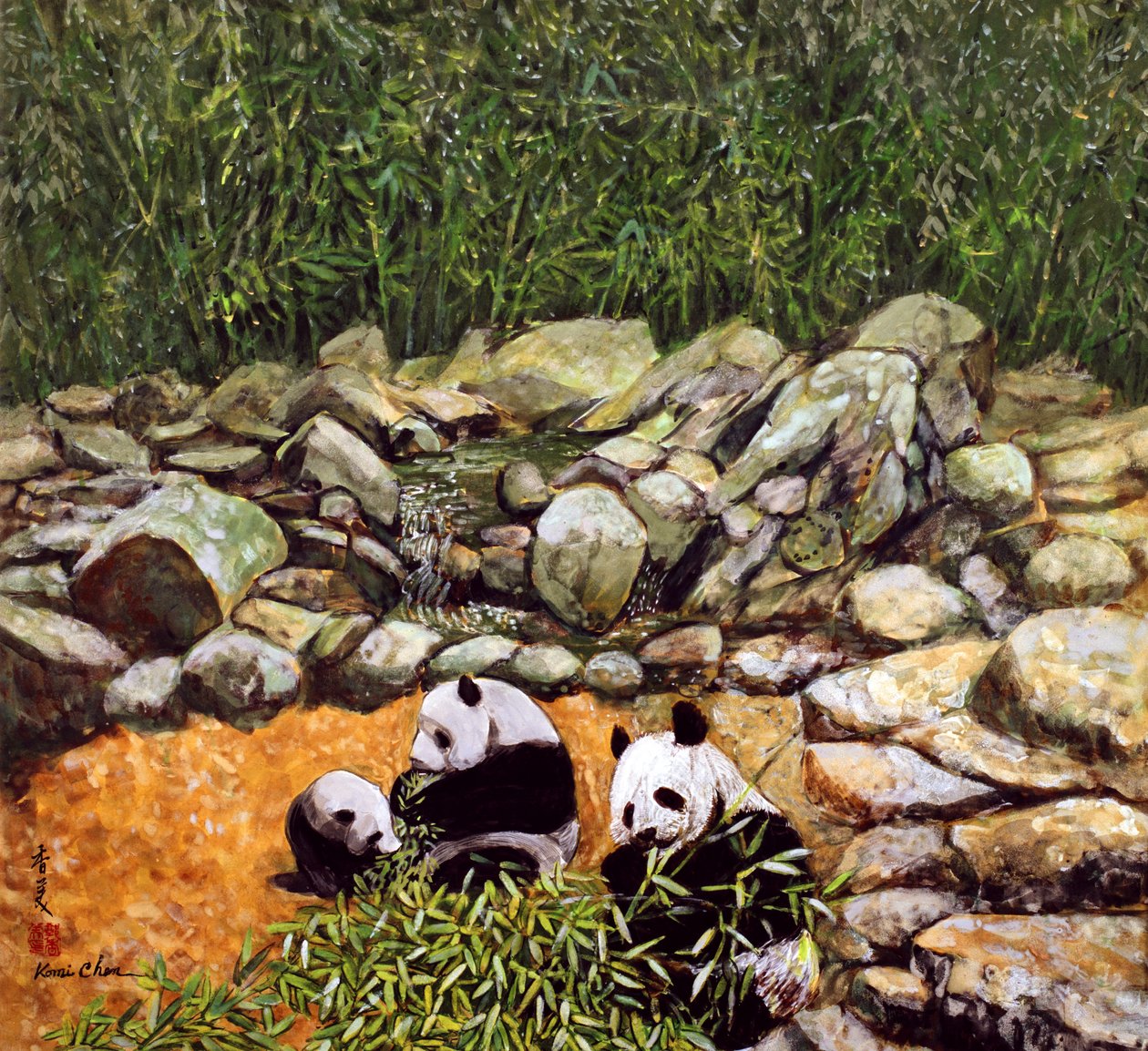 Happy Family (Pandy) 1993 (gwasz na jedwabiu) autorstwa Komi Chen