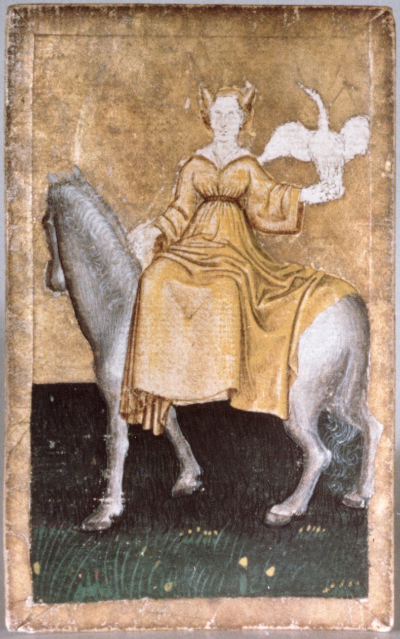 Kobieta na koniu trzymająca w jednej ręce czaplę, jedna z kart do gry przedstawiających sceny nadwornego sokoła, Górna Nadreńska Are, ok. 1440-45 (pióro i atrament, wc) (zob. też 84698, 88300-02 i 88304) autorstwa Konrad Witz