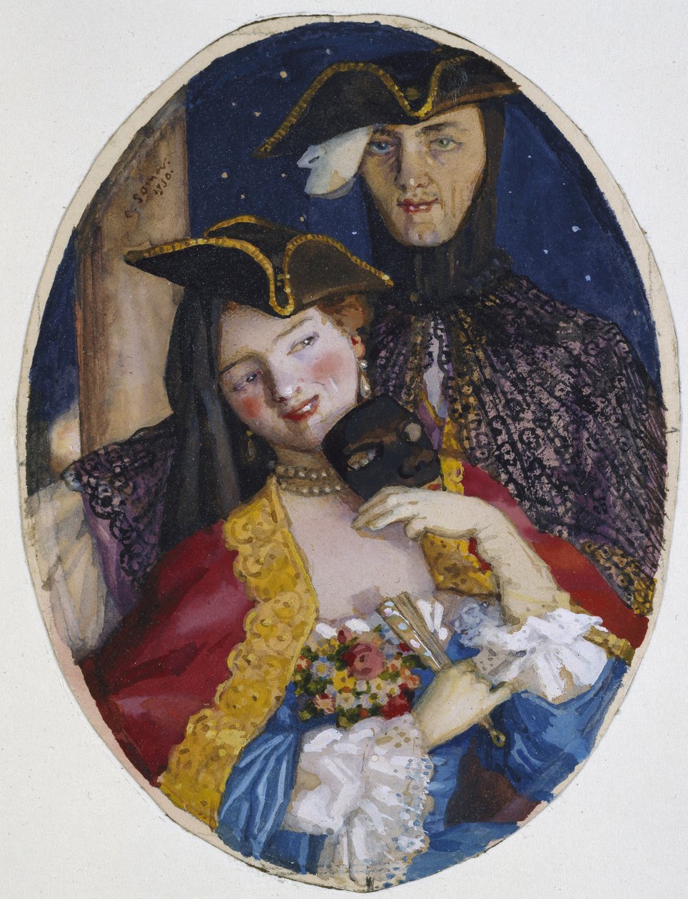 Para ubrana na karnawał wenecki, 1930 (Kolor nad śladami grafitu na kremowym papierze) autorstwa Konstantin Andreevic Somov