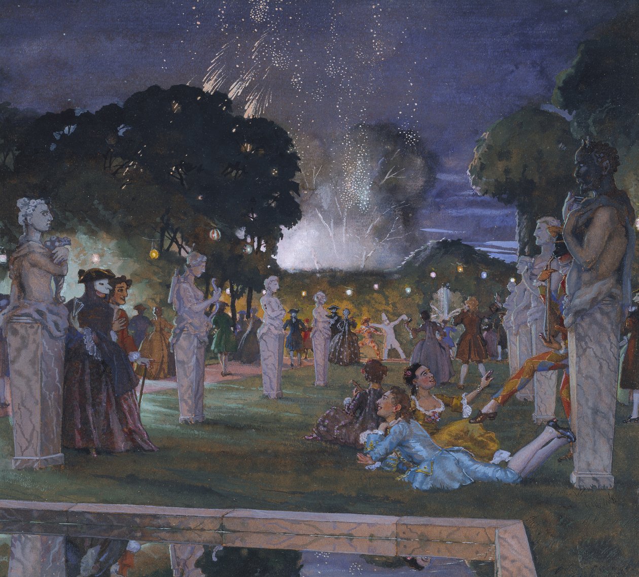 Fêtes aux environs de Venise, 1930 (akwarela na pomarańczowym papierze) autorstwa Konstantin Andreevic Somov