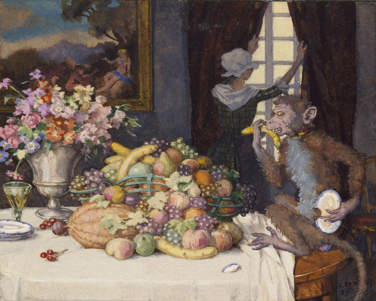 Chciwa małpa, 1929 (bodykolor w obramowaniu z czarnego tuszu na kremowym papierze) autorstwa Konstantin Andreevic Somov