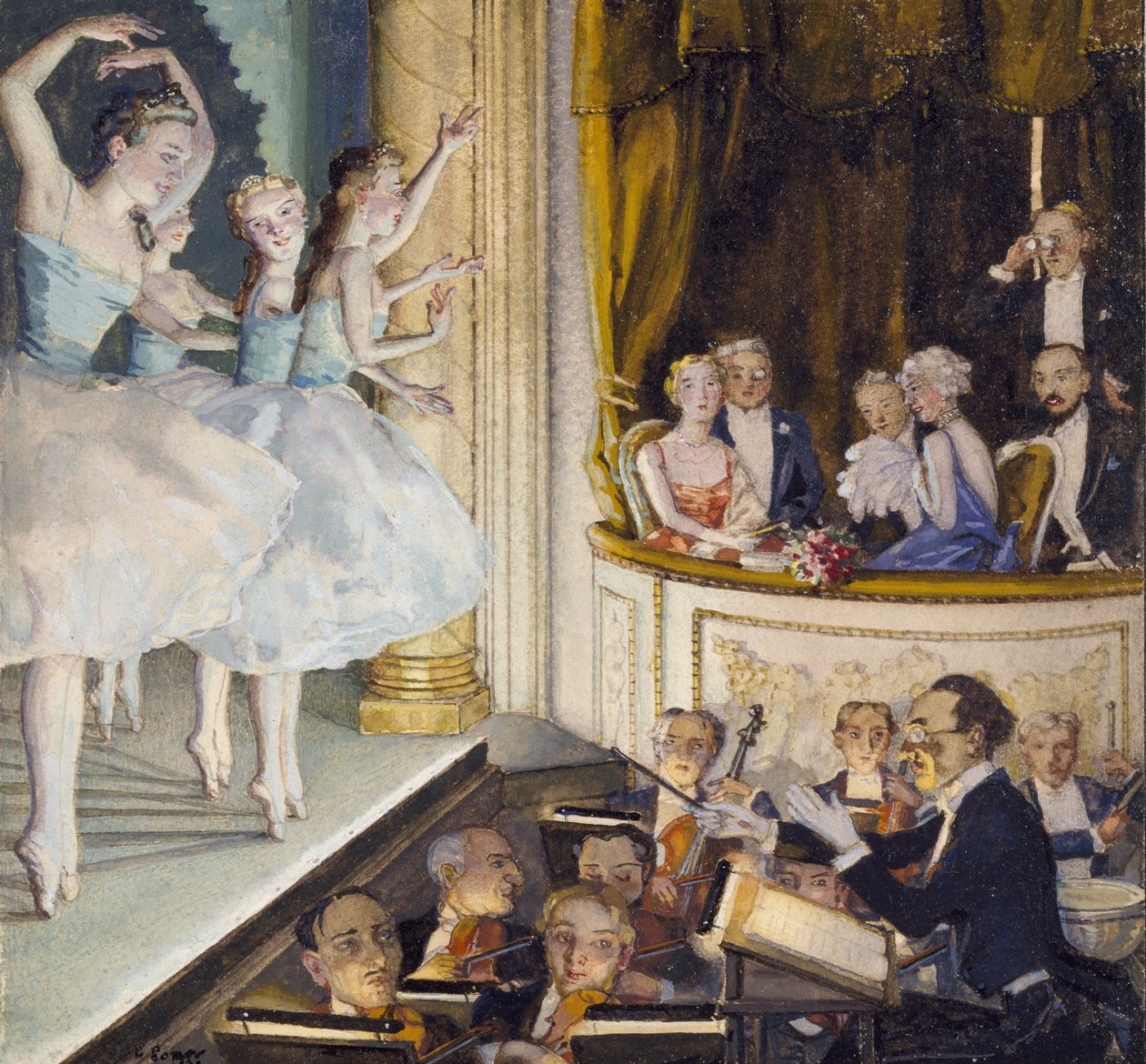 Balet rosyjski, 1930 (bodykolor w obramowaniu z czarnego tuszu na kremowym papierze) autorstwa Konstantin Andreevic Somov