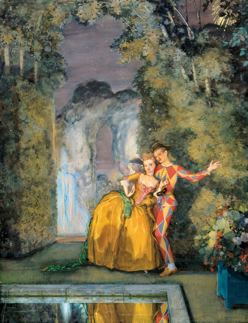 Pokojówka z arlekinem, ok. 1900 (akwarela) autorstwa Konstantin Andreevic Somov