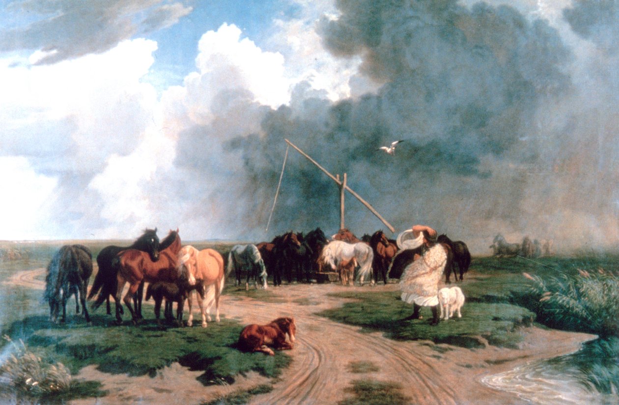 Konie w burzy, 1862 autorstwa Károly Lotz