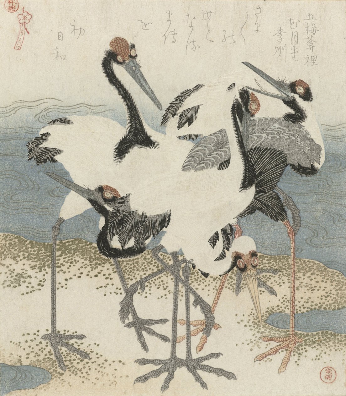 Żurawie nad wodą, ok.1816 (kolorowy drzeworyt) autorstwa Kubo Shunman