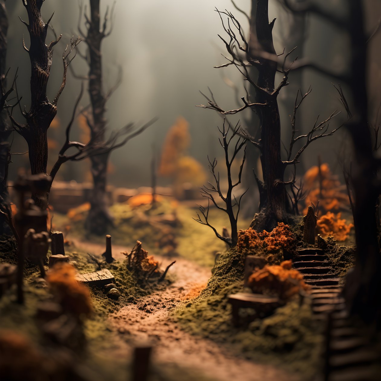 Miniaturowy Halloweenowy las z przesunięciem pochylenia z zamglonymi drzewami i upiorną atmosferą 3 autorstwa Kurt Heppke