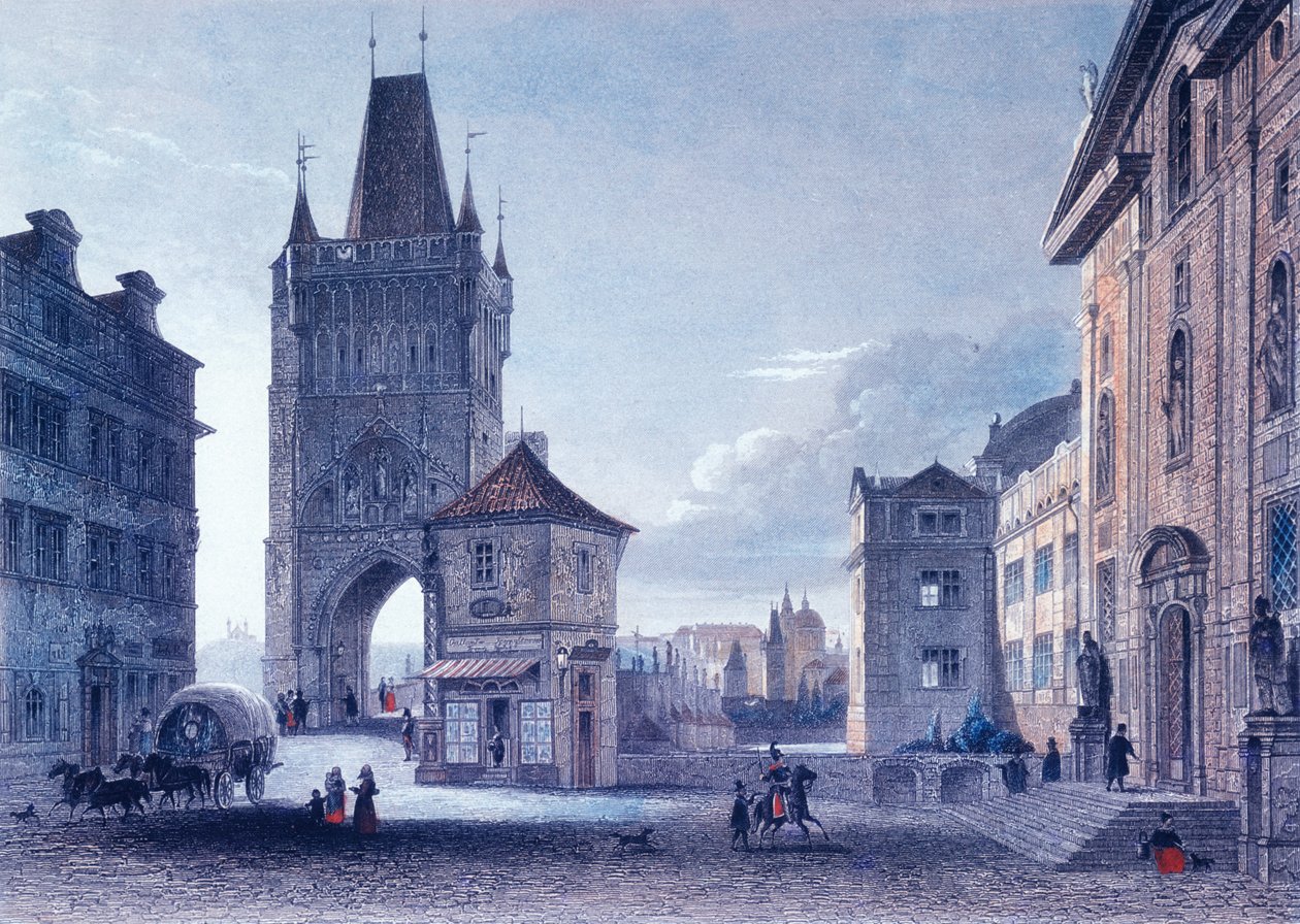 Wieża Mostu Staromiejskiego, ok.1840 (kolorowa staloryt) autorstwa L. and Poppel, J. Lange