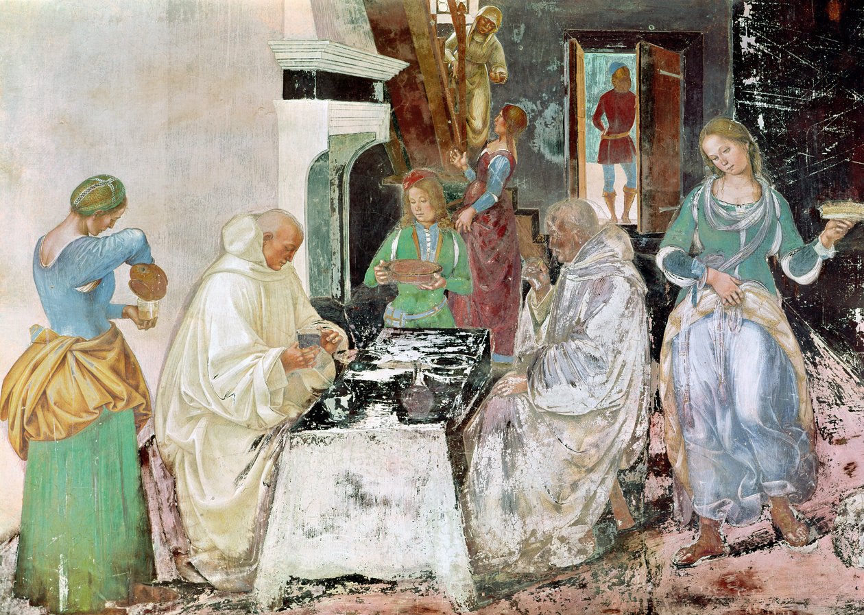 Benedykt przyjmujący gościnę, z Życia św. Benedykta, 1497-98 autorstwa L. and Sodoma, G. Signorelli