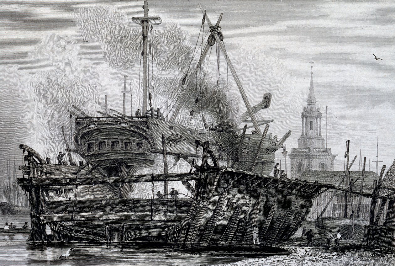 Rotherhithe, pływający dok w 1815 r., rycina J. C. Allena, z "Views on the Thames" wydanego przez WB & George Cooke, 1822 r. autorstwa L. Francia