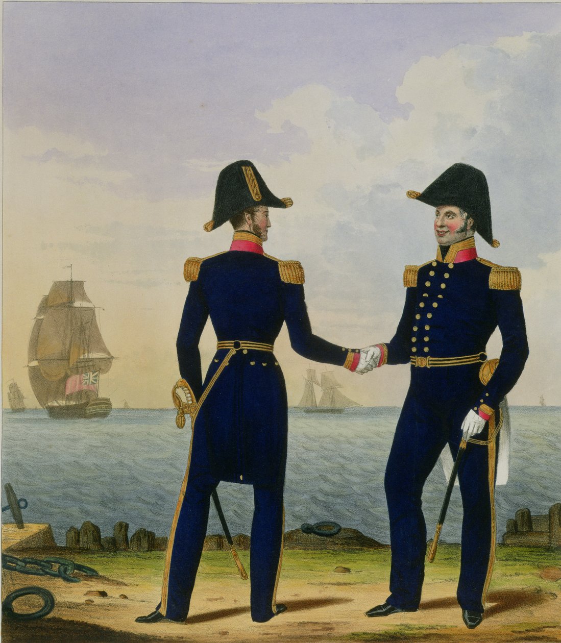 Kapitanowie, tablica 5 z "Costume of the Royal Navy and Marines", rytowane przez artystów, ok. 1830-37 autorstwa L. and Eschauzier, St. Mansion