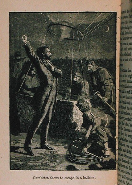 Gambetta przed ucieczką balonem, ilustracja z Little Arthurs History of France: From the Early Times to the Fall of the 2nd Empire, opublikowana w 1899 r. autorstwa Lady M. Chalcott