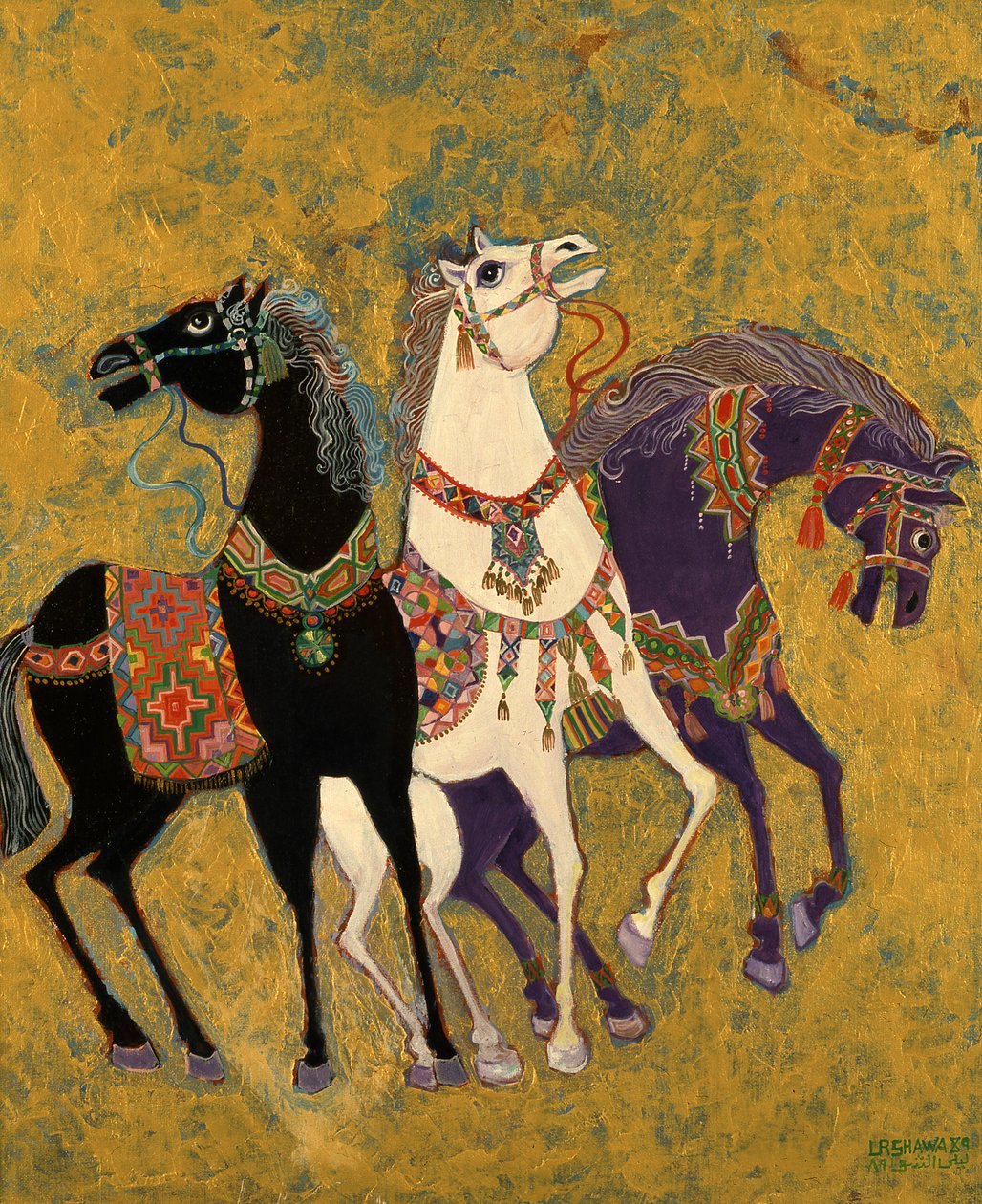3 konie, 1975 (akryl na pokładzie) autorstwa Laila Shawa