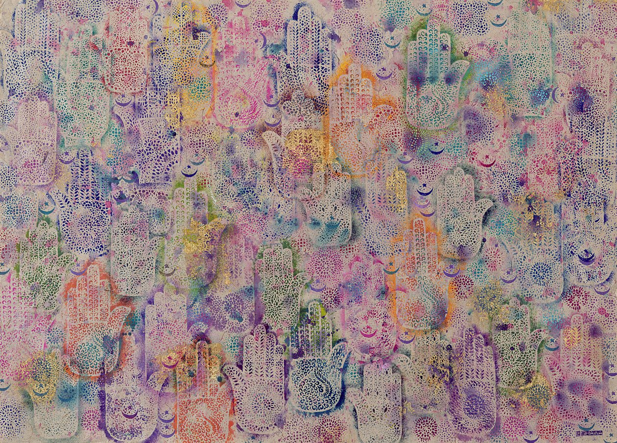Hands of Fatima, 1999 (akryl i złoty płatek na papierze) autorstwa Laila Shawa
