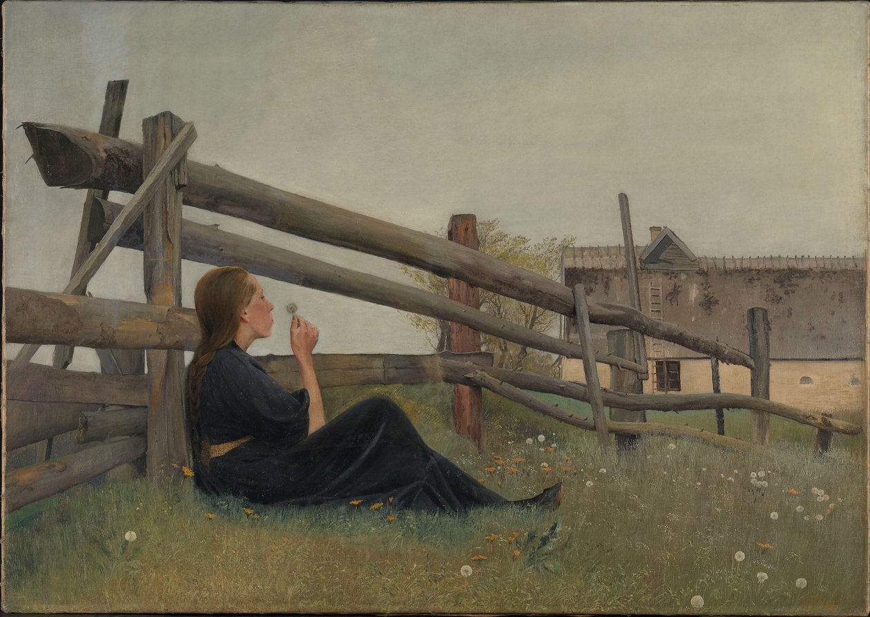 Czerwiec. Dziewczyna dmuchająca nasiona mniszka lekarskiego, 1899 autorstwa Laurits Andersen Ring