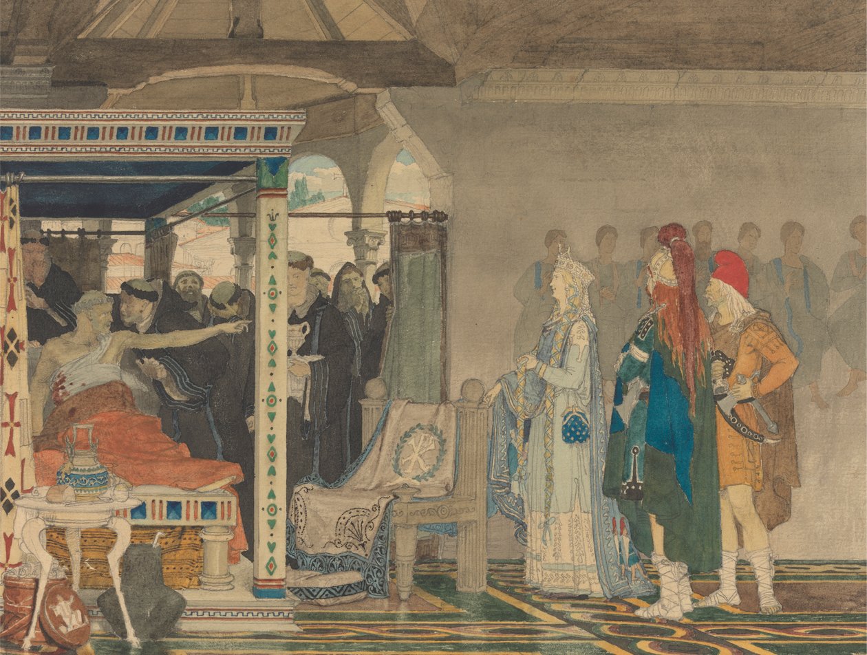 Fredegonda na łożu śmierci Praetextatusa autorstwa Lawrence Alma Tadema
