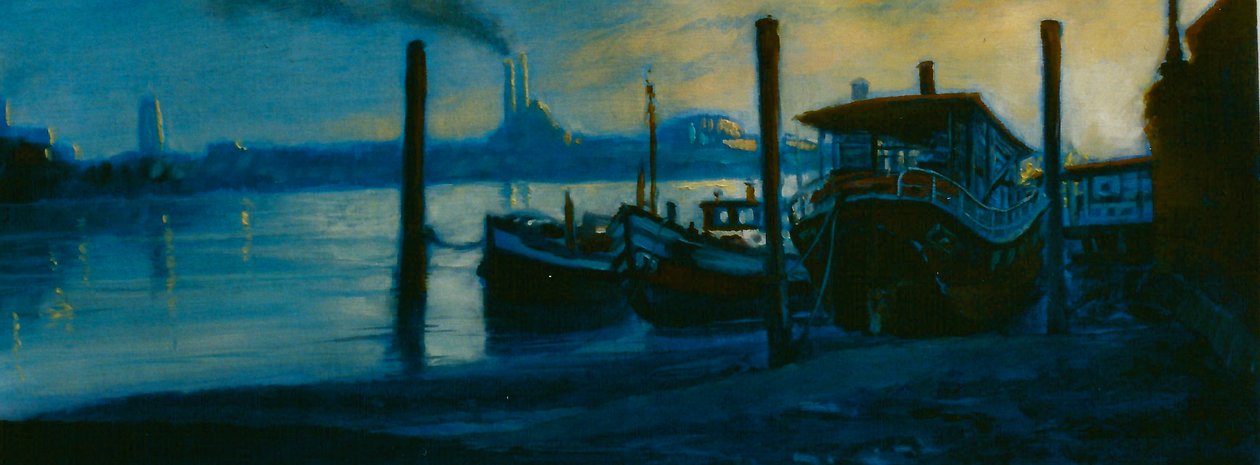 Chelsea Dusk 2002 (olej na papierze)Houseboats Thames autorstwa Lee Campbell