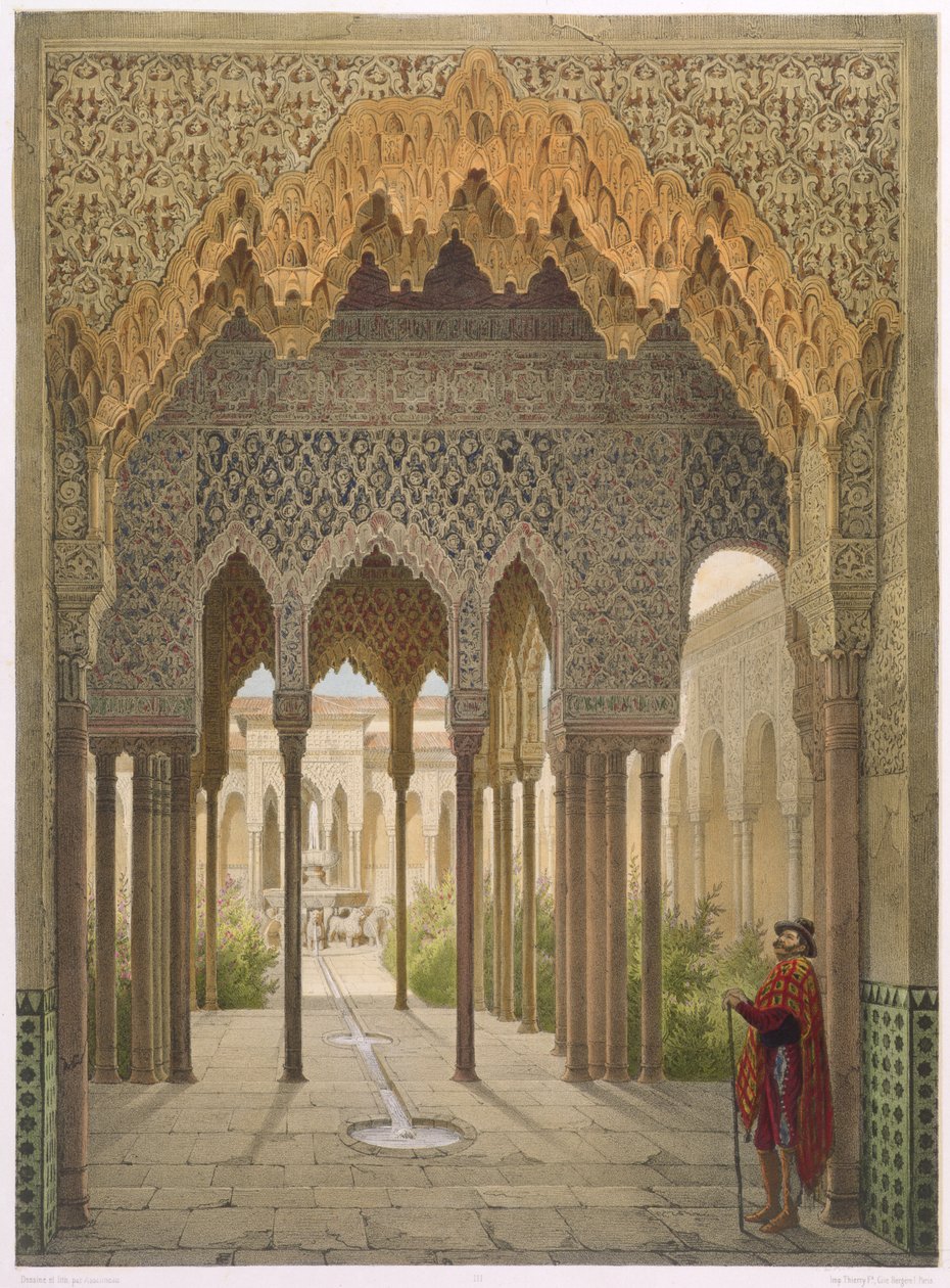 Dwór Lwów, Alhambra, Granada, 1853 (kolorowa lito) autorstwa Leon Auguste Asselineau