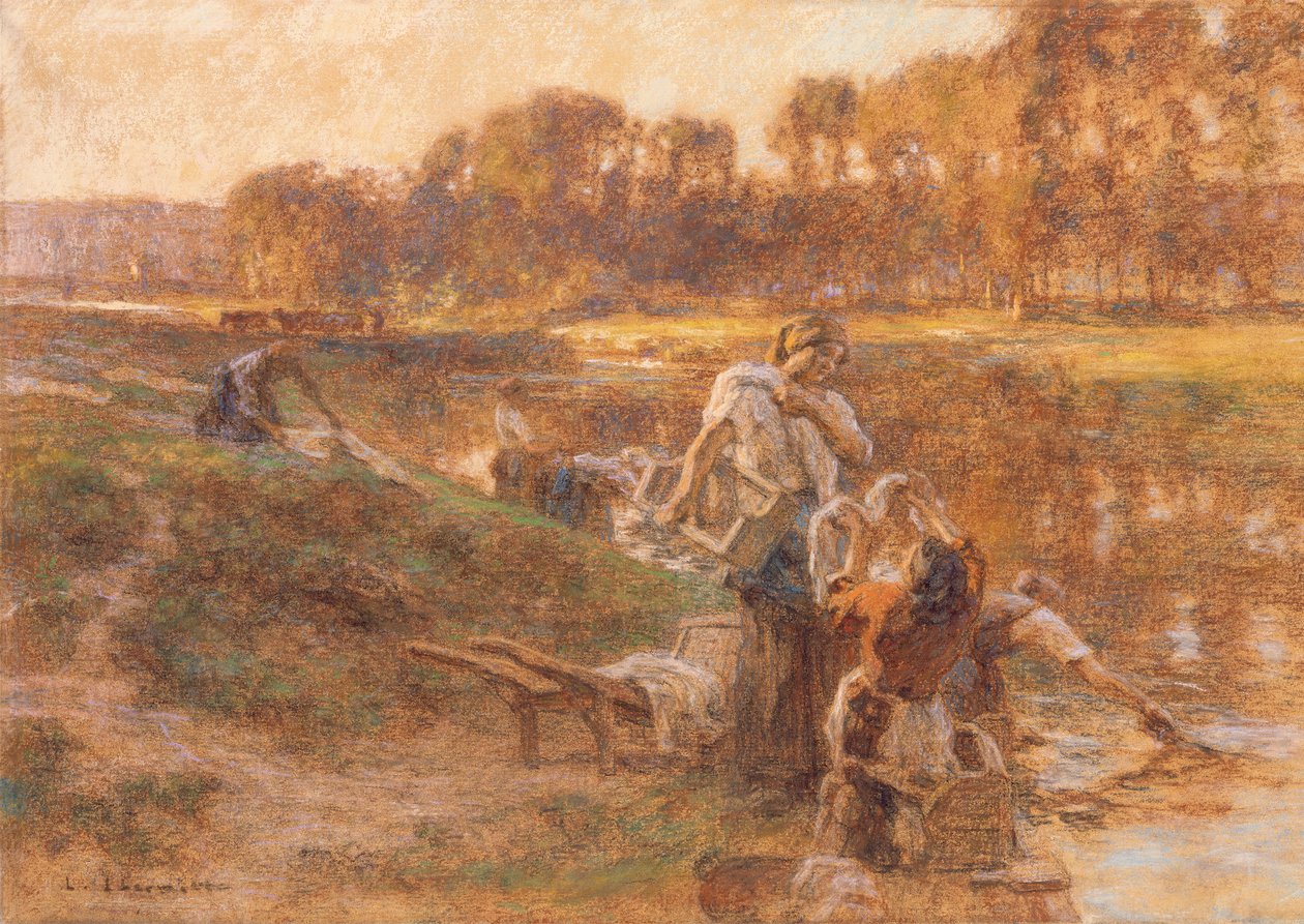 Praczki w nasłonecznionym krajobrazie rzeki autorstwa Leon Augustin Lhermitte