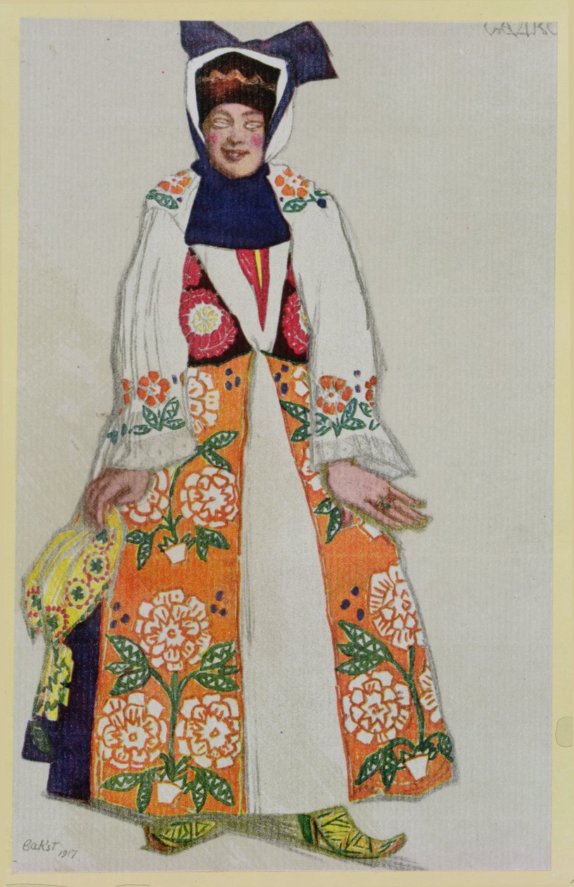 Projekt kostiumu dla wieśniaczki, z Sadko, 1917 autorstwa Leon Bakst