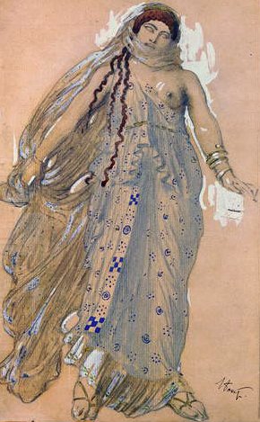 Fedra, Projekt kostiumu do dramatu Eurypidesa Hippolytos, 1902 (wc i olej na tekturze) autorstwa Leon Bakst