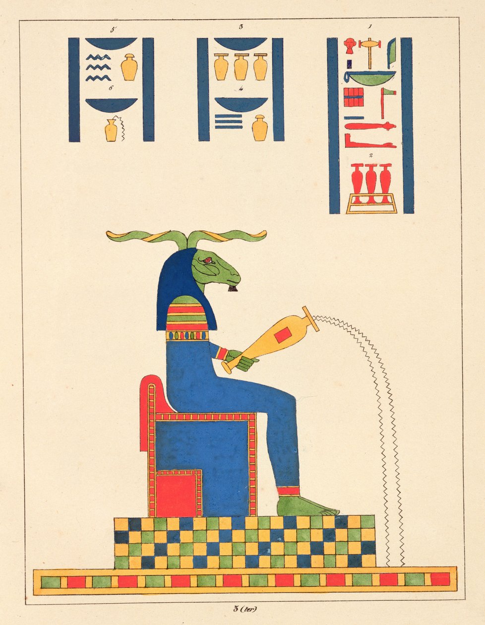 Bóg Chnum, ilustracja z egipskiego Panteonu: zbiór mitologicznych postaci ze starożytnego Egiptu autorstwa Jean-Francois Champollion, opublikowany w latach 1823-25 autorstwa Leon Jean Joseph Dubois