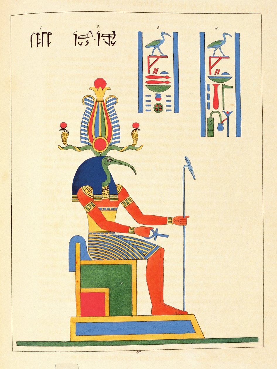Bóg Thoth, ilustracja z egipskiego Panteonu: zbiór mitologicznych postaci ze starożytnego Egiptu autorstwa Jean-Francois Champollion, opublikowany w latach 1823-25 autorstwa Leon Jean Joseph Dubois