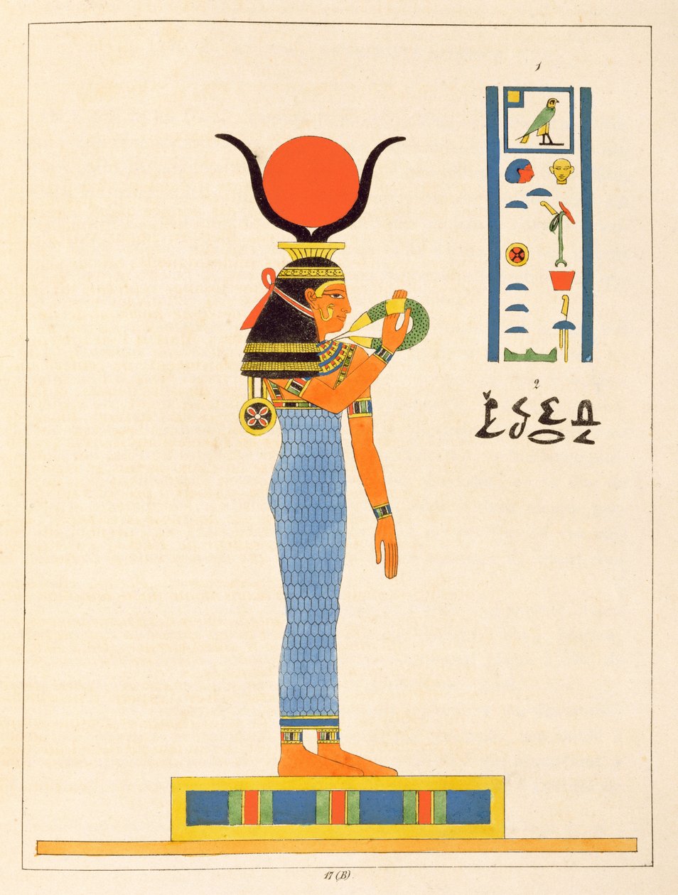 Bogini Hathor, ilustracja z Panteonu w Egipcie: zbiór mitologicznych postaci ze starożytnego Egiptu autorstwa Jean-Francois Champollion, opublikowany w latach 1823-25 autorstwa Leon Jean Joseph Dubois
