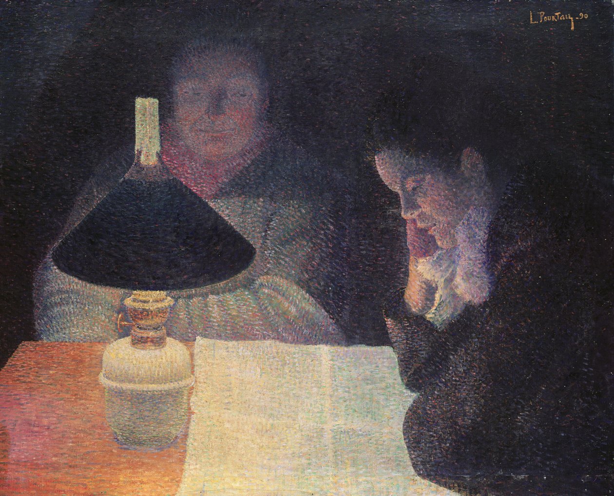 Czytanie pod lampą, 1890 autorstwa Leon Pourtau