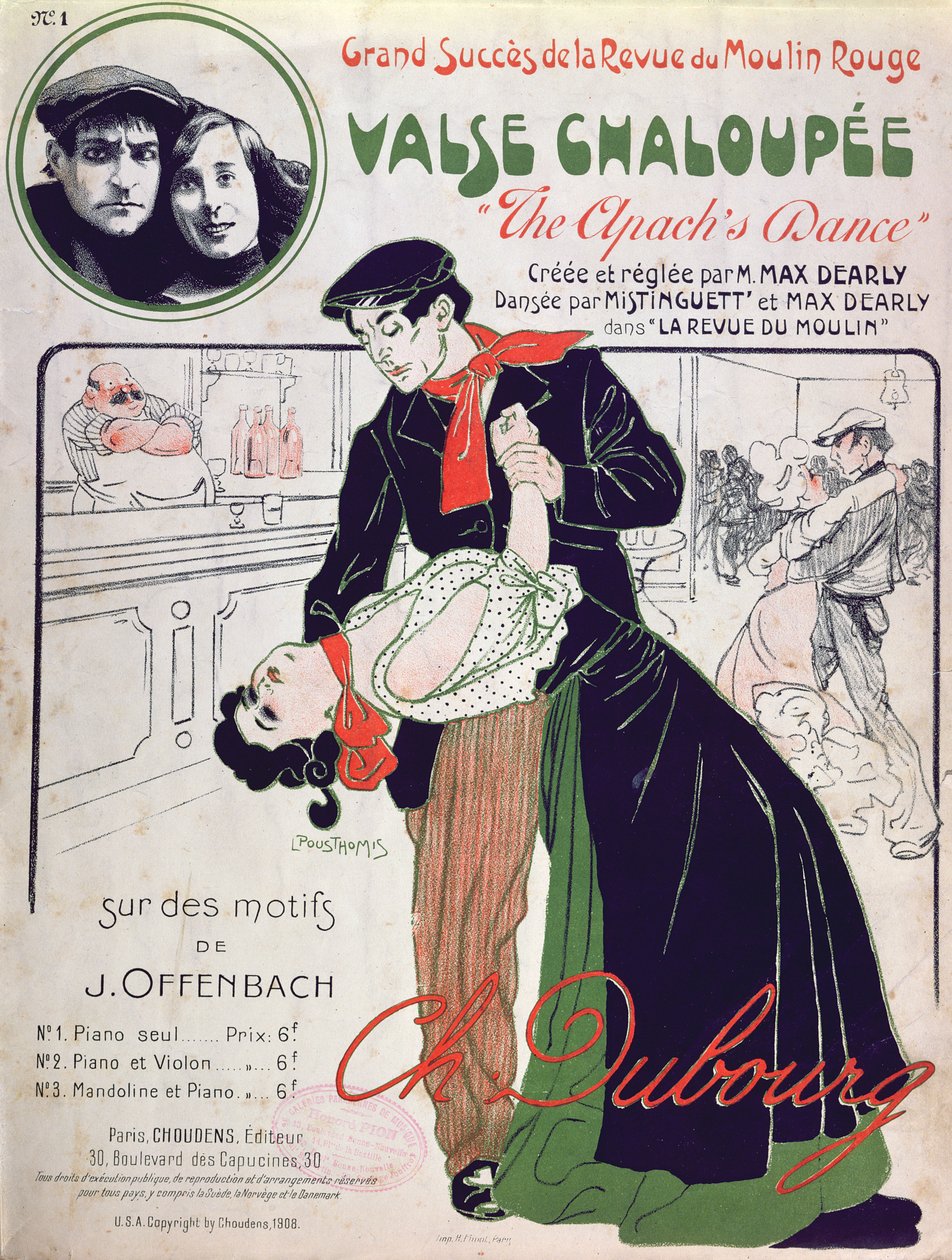 Ilustracja na okładce partytury muzycznej „Valse Chaloupe” („Taniec Apaczów”), wykonanej w „Revue du Moulin, Paryż, 1908 autorstwa Leon Pousthomis