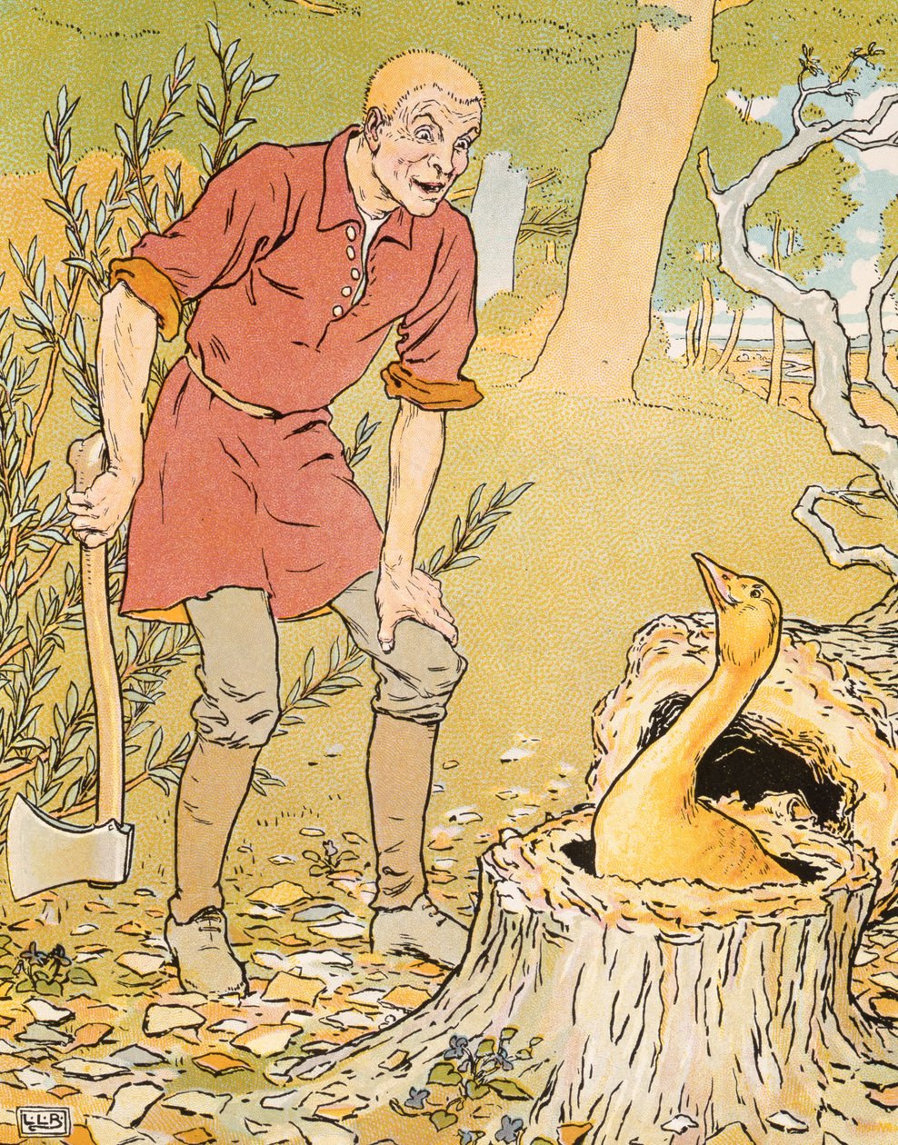 Dunderhead znalazł złotą gęś, ilustracja z „Złotej gęsi” autorstwa Leonard Leslie Brooke