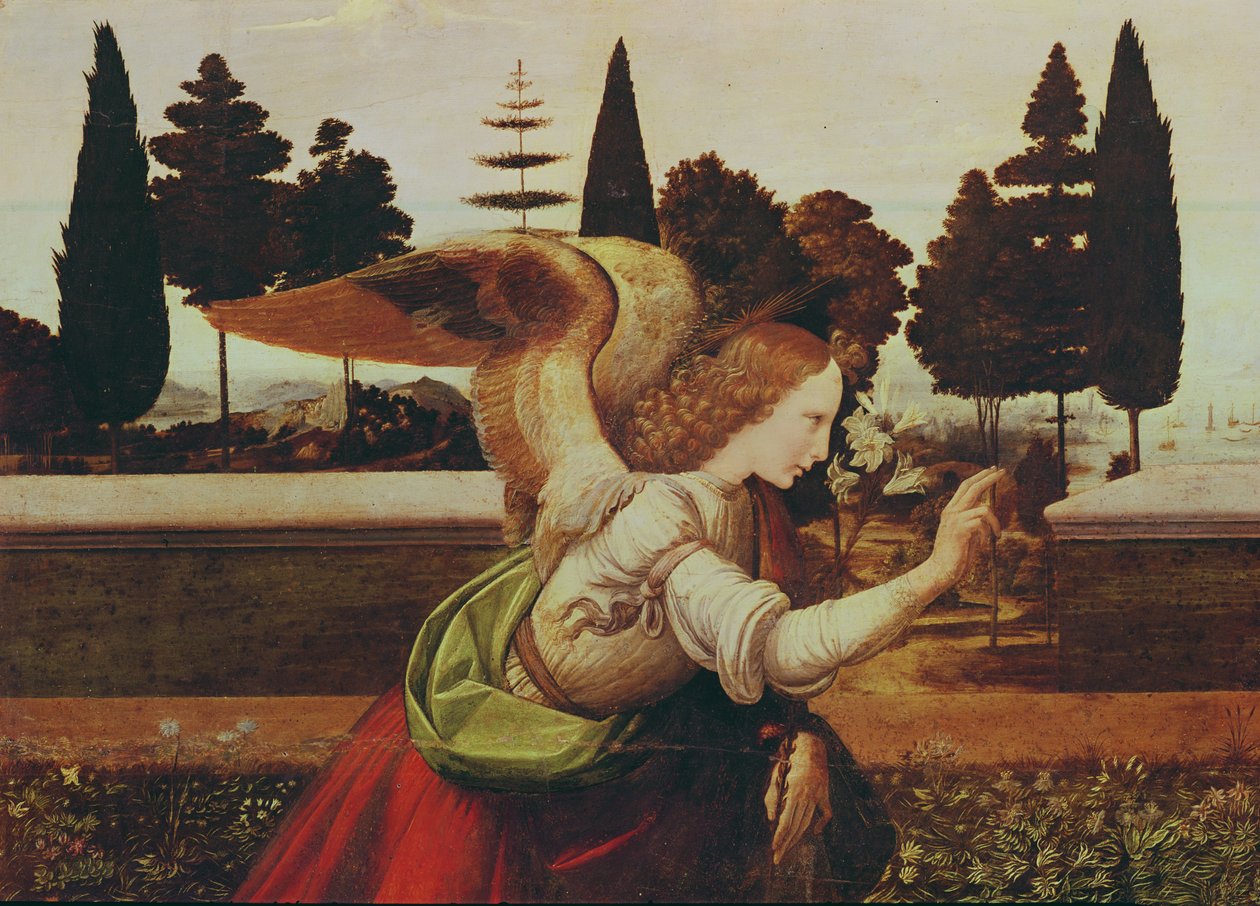 Anioł Gabriel, fragment Zwiastowania, 1472-75 (detal 140570) autorstwa Leonardo da Vinci