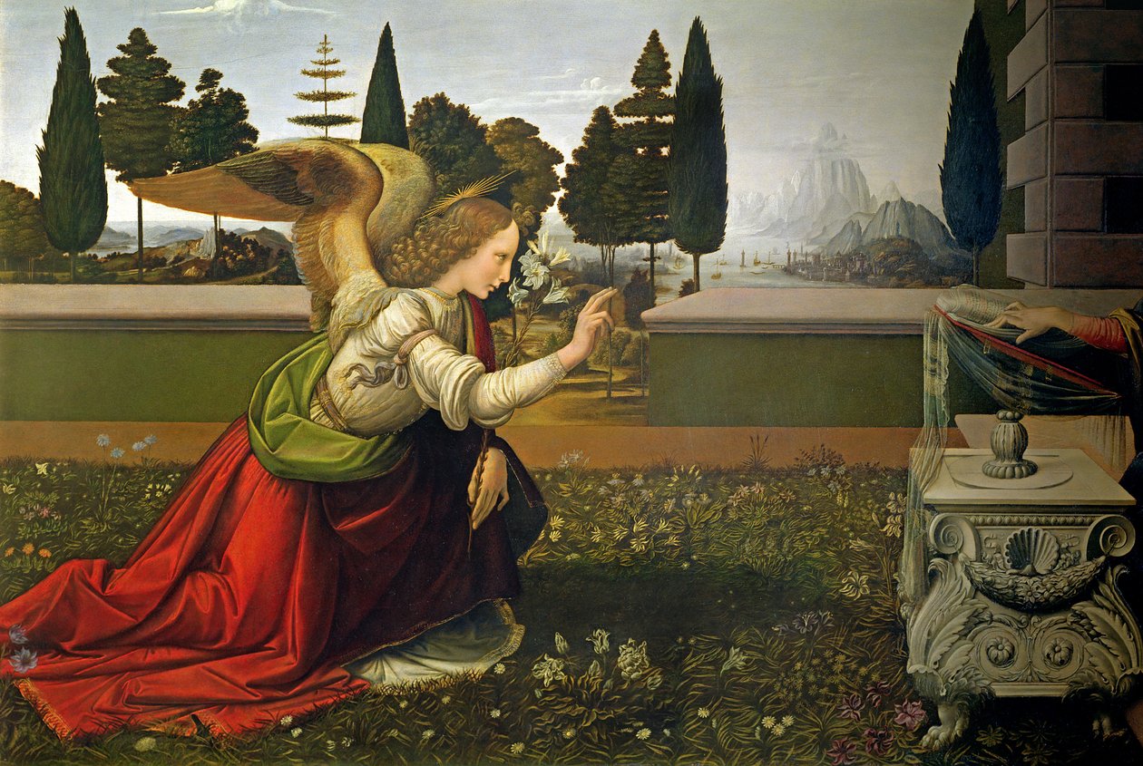 Anioł Gabriel, ze Zwiastowania, 1472-75 (detal) (po renowacji) autorstwa Leonardo da Vinci