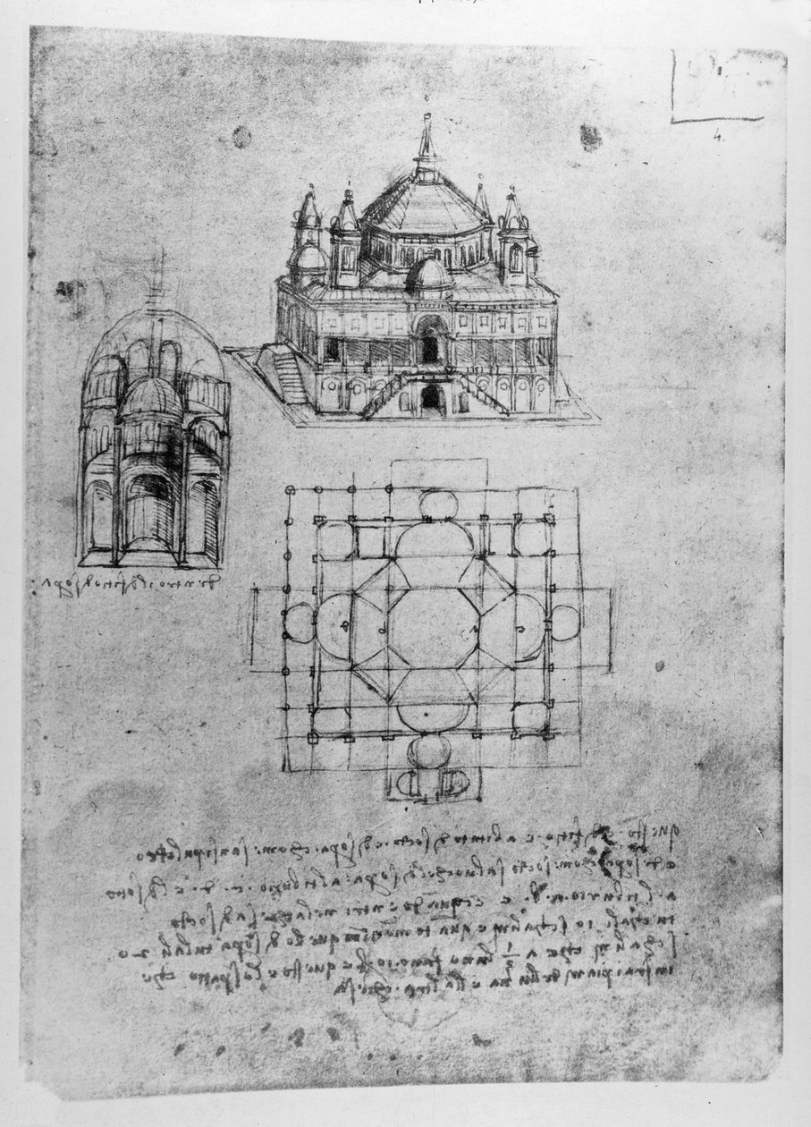 Projekt dla kościoła, fol. 4r autorstwa Leonardo da Vinci