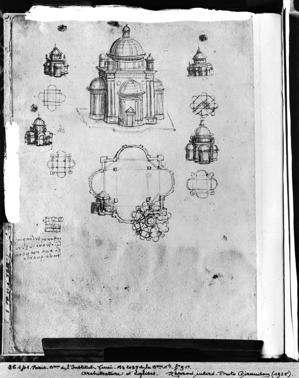 Projekt centralnie rozplanowanego kościoła, fol. 3v z Codex Ashburnham I i II (dawniej część Manuskryptu B (2184)), ok. 1492 r. autorstwa Leonardo da Vinci